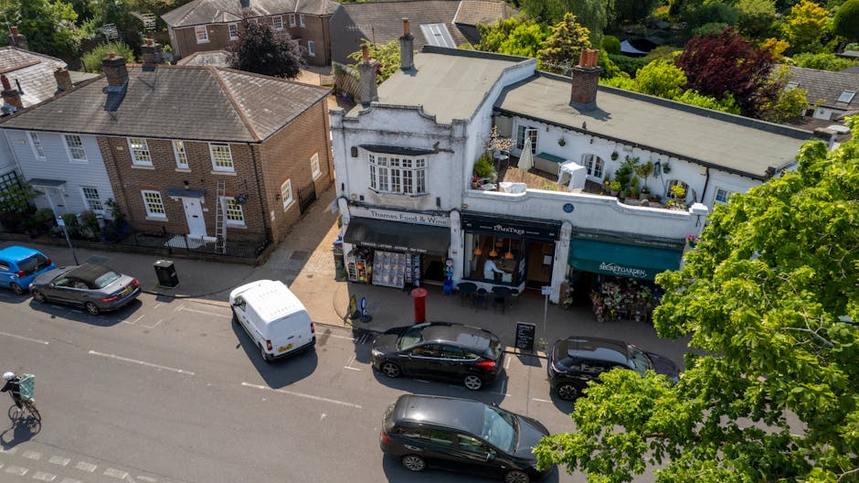 An aerial view of a street in Ealing Broadway W5, featuring a charming row of shops with traditional signage, surrounded by lush green trees. In the foreground, parked cars line the street, including 