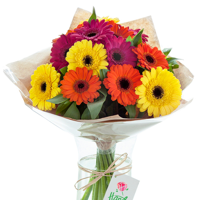 Against a luminous white background, an expertly composed Gerbera daisy bouquet captures the spirit of celebration and heartfelt cheer that defines the Ealing community. The arrangement showcases about a dozen hand-tied Gerberas, radiant in sunny yellow, vivid orange, and lavish magenta-each flower's dark, well-defined center offering a dramatic counterpoint to the brightness that surrounds it. Nestled between the blossoms, sprigs of fresh, glossy greenery infuse a natural depth, reminiscent of the green expanses around Ealing's Gunnersbury Park. The artistry of the composition is revealed in its thoughtfully layered wrappers: first, a delicate sheath of crinkled clear cellophane that gently encases the blooms, preserving their freshness, then an outer layer of light brown kraft paper that imparts a rustic yet sophisticated character. The bouquet sits proudly in a clear glass vase with an elegant hourglass shape, which allows the eye to travel down and behold the stems submerged in revitalizing water-an emblem of life and longevity. Securing the arrangement, a bow of soft, natural twine gathers the stems and supports a small white tag adorned with a classic rose motif and mysterious partial script, hinting at the bouquet's bespoke origins. Bathed in even, daylight illumination, the image brims with the sense of joy and warmth that a local Ealing florist brings to every arrangement, making it perfectly suited for moments of gratitude, celebration, or to simply fill a home with the colours of happiness.