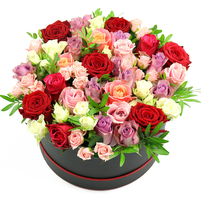 In this image, a lavish dome of roses overflows from a stylish black cylindrical hat box, its minimalist form set off by a slender red trim that circles the base like a subtle accent line. The hat box sits alone against a pristine white background, a studio-like setting that amplifies the rich colours of the flowers and the dramatic contrast between the dark container and the soft, bright petals. The arrangement is tightly packed and expertly rounded, with large-headed roses and delicate spray roses nestled shoulder to shoulder so that almost no gaps of the box's rim are visible. Deep crimson and scarlet roses form the emotional heart of the bouquet, their velvety petals symbolising intense love and passion. Interwoven among them are softer blush pinks, romantic fuchsias, warm coral and peach tones, and clusters of lavender and muted purple roses, all offset by creamy white and ivory blooms that bring light into the design. The variation in blooming stages-from firmer buds to fully open, many-layered blossoms-creates a textured landscape across the top, giving the impression of gentle hills of petals. Small sprigs of glossy green foliage, likely ruscus or a similar filler green, peek out between flowers, offering a fresh, garden-like feel despite the structured form of the hatbox. The straightforward lighting brings out every nuance of colour and subtle shadow, much like natural daylight spilling into a shop near Ealing Broadway. This arrangement evokes a sense of occasion and thoughtfulness, ideal for delivery around Ealing Common, Montpelier, or Pitshanger to mark an anniversary, to celebrate a special birthday, or to send a grand gesture of gratitude or congratulations.